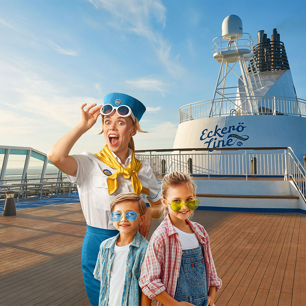 Maikki and the children on the deck of the MS Finlandia