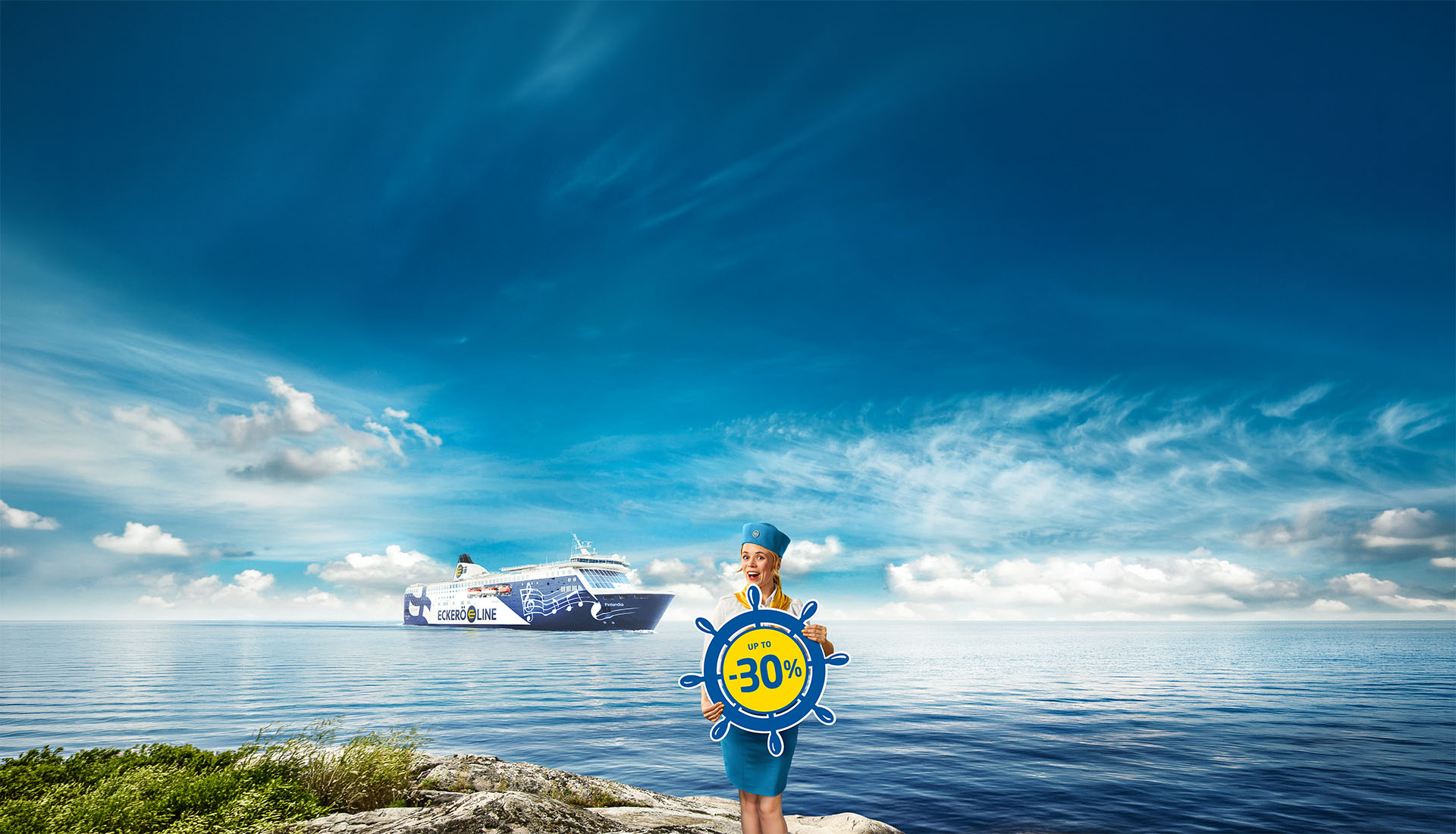 Maikki holding the sign promoting trips to Tallinn up to -30%