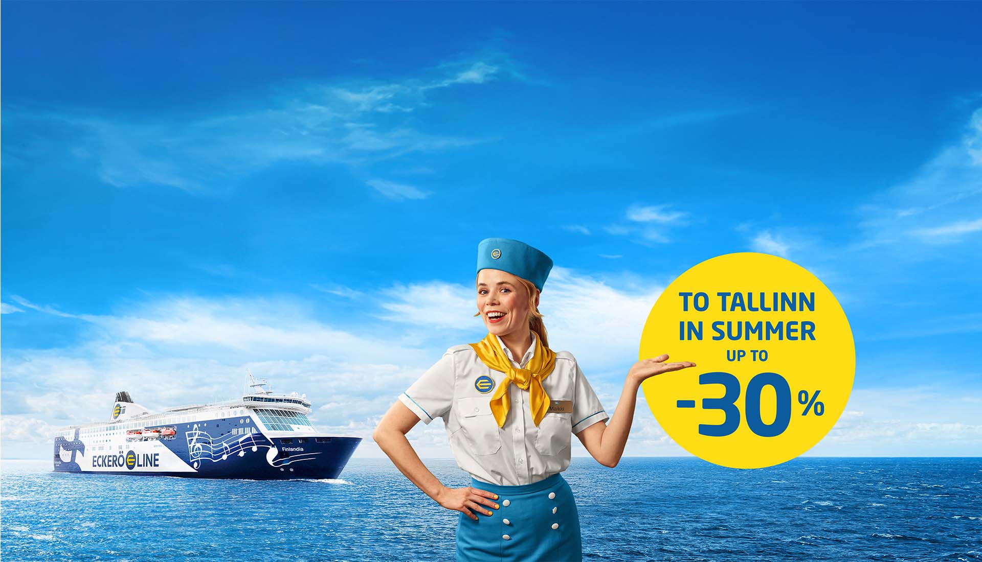 Maikki and a promotional badge: Up to 30% off summer trips to Tallinn