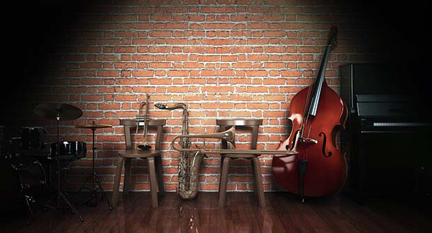 Jazzklubin estradi, jolla soittimia.